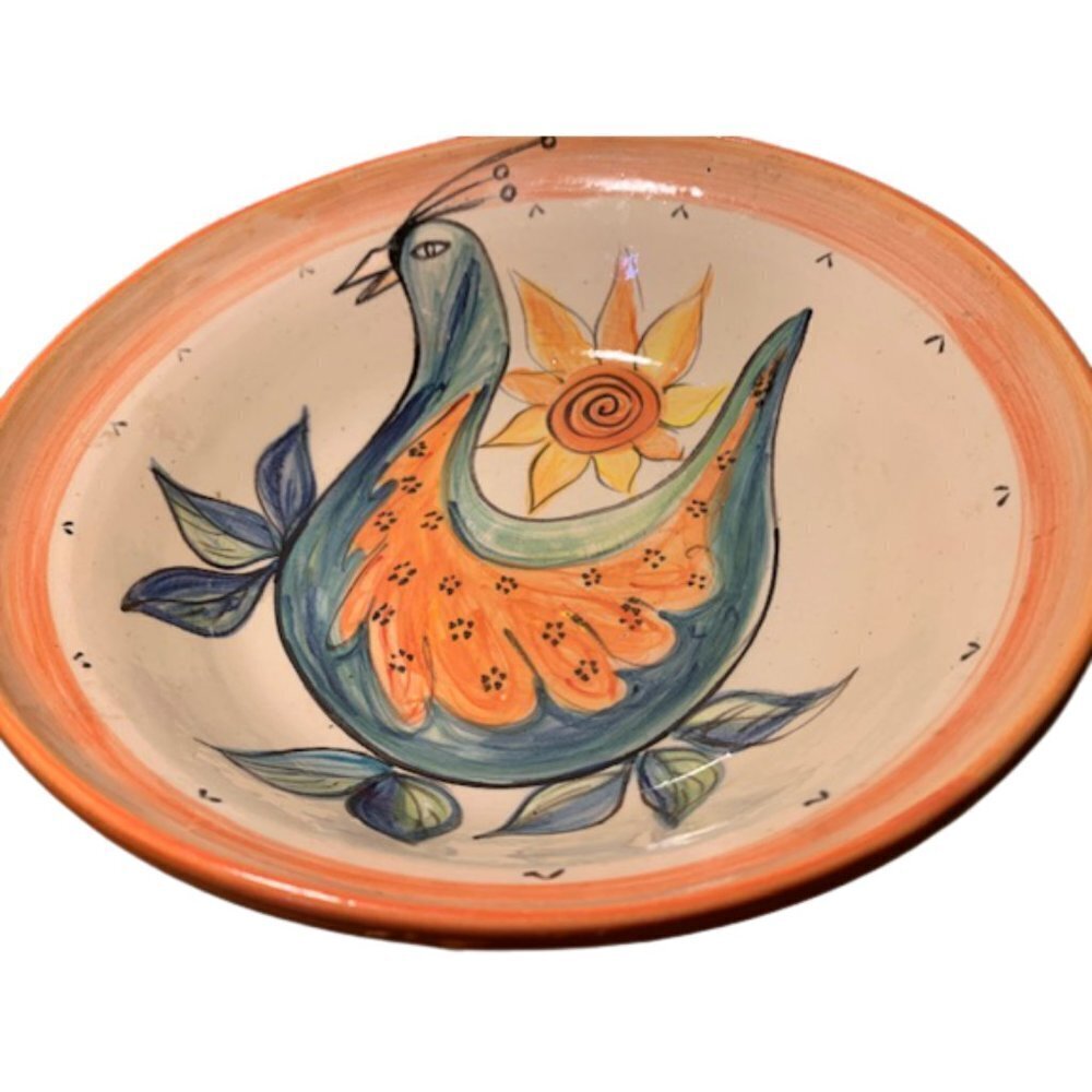 Large Crude Handmade Handpainted Pottery Bowl Bird Turkey Sunflower Signed Marke